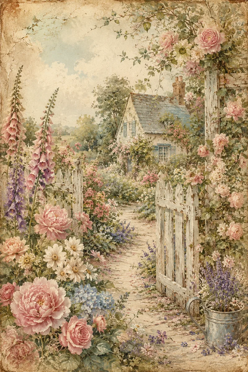 Vintage cottage garden with an open white gate, pink roses, peonies, foxgloves, daisies, hydrangeas, and a watering can